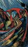 Herm Dienz, Die rote Brücke, Öl auf Karton