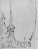 Lyonel Feininger, Kirche Gelmeroda, Graphitstiftzeichnung auf dünnem faserhaltigen Papier, am Oberrand zweifach, gelocht