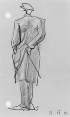 Männliche Rückenfigur by Lyonel Feininger, Bleistiftzeichnung auf elfenbeinfarbenem glatten Papier, am linken Rand zweifach gelocht, sold May 2003