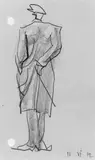 Lyonel Feininger, Männliche Rückenfigur, Bleistiftzeichnung auf elfenbeinfarbenem glatten Papier, am linken Rand zweifach gelocht