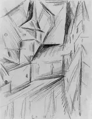 Gelmeroda by Lyonel Feininger, Ölkreidezeichnung auf glattem elfenbeinfarbenen Papier, am linken Rand zweifach gelocht, sold May 2003