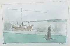 Marine by Lyonel Feininger, Aquarell, Kohle und Tuschfederzeichnung auf elfenbeinfarbenem Büttenpapier, sold May 2003