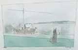 Marine by Lyonel Feininger, Aquarell, Kohle und Tuschfederzeichnung auf elfenbeinfarbenem Büttenpapier, sold May 2003