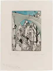Die grüne Brücke by Lyonel Feininger, Original-Radierung, aquarelliert, auf gelblichem Velin, sold May 2003