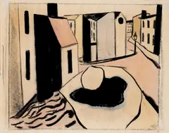 Werner Heldt, Stilleben auf der Straße, Aquarell, Tuschpinsel und Kohlezeichnung auf elfenbeinfarbenem Büttenpapier