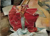 Willy Jaeckel, Stilleben mit Blumenvase vor rotem Tuch