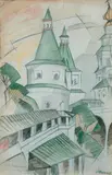Klostertürme (LE MONASTÈRE ou VITEBSK) by Aristarch Wassiljewitsch Lentulov, Aquarell und schwarze Kreide über Bleistift auf Papier, sold May 2003