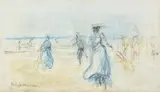 Max Liebermann, Strandszene mit Tennisspielern, Pastellkreiden über Bleistift auf einfachem Papier eines Skizzenblocks
