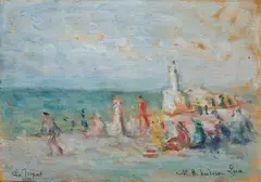 La plage du Tréport by Maximilien Luce, Öl auf Karton, sold May 2003