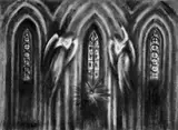 Frans Masereel, Kirchenszene (Bühnenbildentwurf zu Goethes "Urfaust"), Kohlezeichnung auf Büttenpapier mit Wasserzeichen "CANSON & MONTGOLFIER FRANCE"