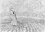 Wilhelm Morgner, Mädchen auf dem Feld, Kreidezeichnung auf einfachem Zeichenpapier