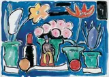 Gabriele Münter, Geburtstagstisch, Gouache über Bleistiftvorzeichnung auf weißem, genarbten Aquarellpapier