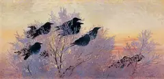 Jean-Bloé Niestlé, Krähen im Reif, Gouache auf elfenbeinfarbenem Bütten