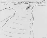 Walter Ophey, Boote mit Hafen (Rheinmotiv), Schwarze Kreidezeichnung auf pergamentartigem Papier, mit Perforation am Oberrand