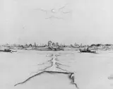 Walter Ophey, Rhein bei Neuss, Pastellkreidezeichnung auf bräunlichem Papier