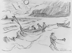 Ankommendes Boot by Max Pechstein, Schwarze Kreidezeichnung auf chamoisfarbenem Zeichenpapier, sold May 2003