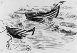 Max Pechstein, Boote in der Brandung, Schwarze Kreidezeichnung auf elfenbeinfarbenem Japanpapier
