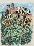 Max Pechstein, Sonnenblumen im Garten, Pastellkreidezeichnung mit Tuschpinsel auf chamoisfarbenem Maschinenpapier