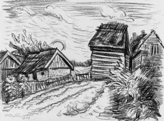 Bauernhäuser bei Ückeritz by Max Pechstein, Schwarze Kreidezeichnung auf chamoisfarbenem Velin, sold May 2003