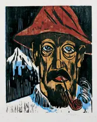 Rauchender Schweizer by Max Pechstein, Original-Farbholzschnitt (Reiberdruck), die Farbstöcke monotypieartig mit dem Pinsel eingefärbt, auf Japan, sold May 2003