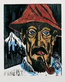 Max Pechstein, Rauchender Schweizer, Original-Farbholzschnitt (Reiberdruck), die Farbstöcke monotypieartig mit dem Pinsel eingefärbt, auf Japan