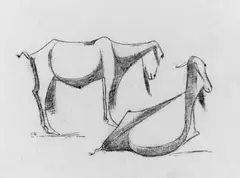Ziegen by Emy Roeder, Kohlezeichnung auf weißem Halbkarton, sold May 2003