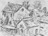 Bauernhäuser by Christian Rohlfs, Kreidezeichnung in Violett auf leicht genarbtem Velin, sold May 2003