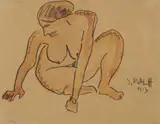 Karl Schmidt-Rottluff, Hockende Frau, Kreidezeichnung und Aquarell auf bräunlichem faserhaltigen Zeichenpapier