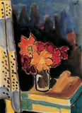 Karl Schmidt-Rottluff, Blumenstilleben (Rote Blüten in einem Glas am Fenster), Aquarell auf elfenbeinfarbenem Bütten mit Wasserzeichen "CMFABRIANO"
