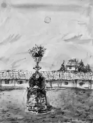 Alexander Tyschler, Figurenmotiv in russischem Innenhof, Aquarell und Tusche auf glattem Papier