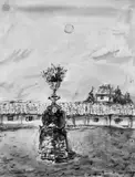 Alexander Tyschler, Figurenmotiv in russischem Innenhof, Aquarell und Tusche auf glattem Papier