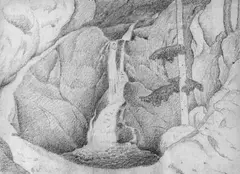 Gustav Wunderwald, Waldstück mit Wasserfall, Bleistiftzeichnung auf chamoisfarbenem Halbkarton