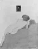 Gustav Wunderwald, Liegender weiblicher Akt, Bleistiftzeichnung auf elfenbeinfarbenem Velin
