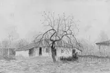 Gustav Wunderwald, Hof mit Baum, Farbige Ölkreidezeichnung auf chamoisfarbenem Velin, die Ecken rund geschnitten