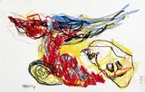 Karel Appel, Ohne Titel, Ölkreidezeichnung auf chamoisfarbenem Papier, mit minimal unregelmäßig verlaufendem Oberrand