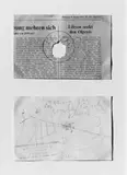 Joseph Beuys, Cutting the umbellical chord, 2-teilige Collage aus Bleistiftzeichnung und Zeitungsartikel, unter Glas gerahmt. Bleistift und Stempel auf chamoisfarbenem Papier