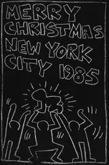 Subway Drawing by Keith Haring, Weiße Kreidezeichnung auf schwarzem Tonkarton, sold May 2003