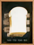Dieter Roth und Robin Page, Ears Itch Pong Wad, Käseschachteln zwischen zwei, mit dem Bild einer Weißbrotscheibe, bemalten Glasscheiben in Holzrahmen mit Metallgriff