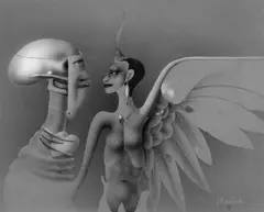 Paul Wunderlich, Ohne Titel (Tod und Sphinx), Spritztechnik und Aquarell auf Papier