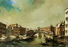 Giacomo Guardi, DIE RIALTO-BRÜCKE IN VENEDIG., Öl auf Leinwand, auf Spanplatte aufgezogen