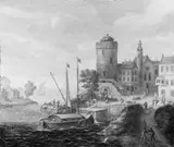SEEHAFEN MIT REICHER FIGURENSTAFFAGE. by Umkreis Wilhelm Friedrich Hirt, Öl auf Leinwand (doubliert), sold May 2003