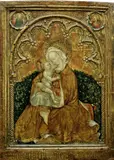 Master Gz, MADONNA MIT KIND IM ROSENHAG., Öl/Tempera auf Holz