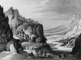 Nachfolge Joos de Momper, GEBIRGSLANDSCHAFT MIT REISENDEN., Öl auf Holz