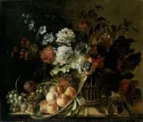 BLUMEN- UND FRÜCHTESTILLEBEN. by Umkreis Jean-Baptiste Monnoyer, Öl auf Leinwand (doubliert), sold May 2003