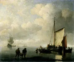 Willem van de Velde the Younger, FISCHERBOOTE IN STRANDNAHEM GEWÄSSER. IM HINTERGRUND KRIEGSSCHIFFE., Öl auf Leinwand