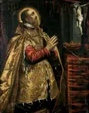 Werkstatt Domenico Tintoretto, DER HL. LUDWIG VON FRANKREICH VOR DEM KRUZIFIX KNIEND., Öl auf Leinwand
