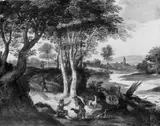 Flemish School, BEWALDETE LANDSCHAFT MIT JÄGERN., Öl auf Holz