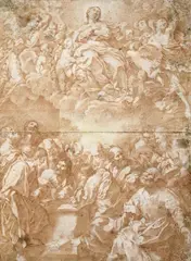 Francesco Bruni, MARIÄ HIMMELFAHRT (nach Guido Reni)., Horizontale Knickfalte, größere Papierverluste in der linken oberen Ecke und am rechten Bildrand, fleckig