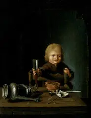 Gerrit van Vucht, STILLEBEN MIT KLEINKIND UND UMGESTÜRZTER ZINNKANNE., Öl auf Holz