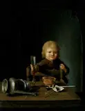 Gerrit van Vucht, STILLEBEN MIT KLEINKIND UND UMGESTÜRZTER ZINNKANNE., Öl auf Holz